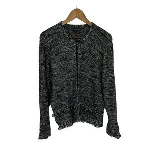 Tahari Womens Hook and Eye Close Cardigan Sweater Black White Fringe Size XL